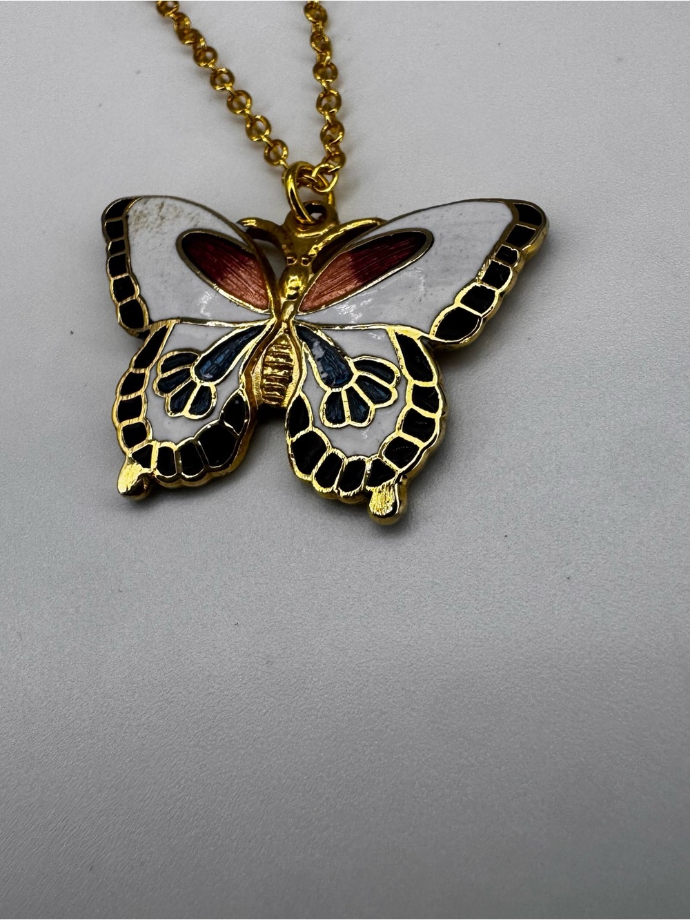 Gold Butterfly Pendant with Red and Black Enamel - Picture 2 of 5